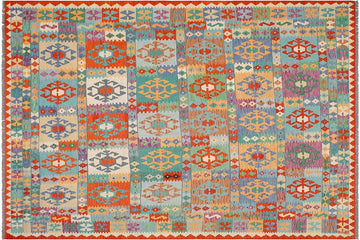 Flat Weave Kilim, Antique, Navaho, Vintage, Handmade, Geometric Kilim Blue Rust Hand-Woven Rectangle 100% Wool Area Rug 8 x 10